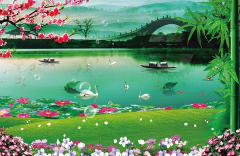 供應(yīng)無(wú)縫壁畫(huà)效果圖綢緞絹絲素材壁紙大堂大廳墻紙國(guó)畫(huà)山水