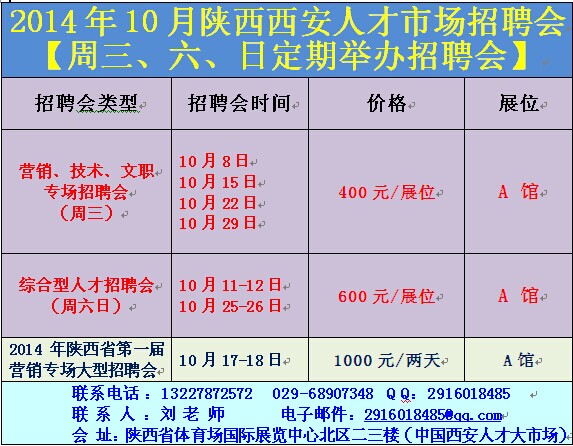 供應2014年10月15日29日中國西安人才市場*會