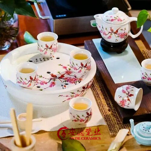 供應景德鎮手繪水點桃花茶具