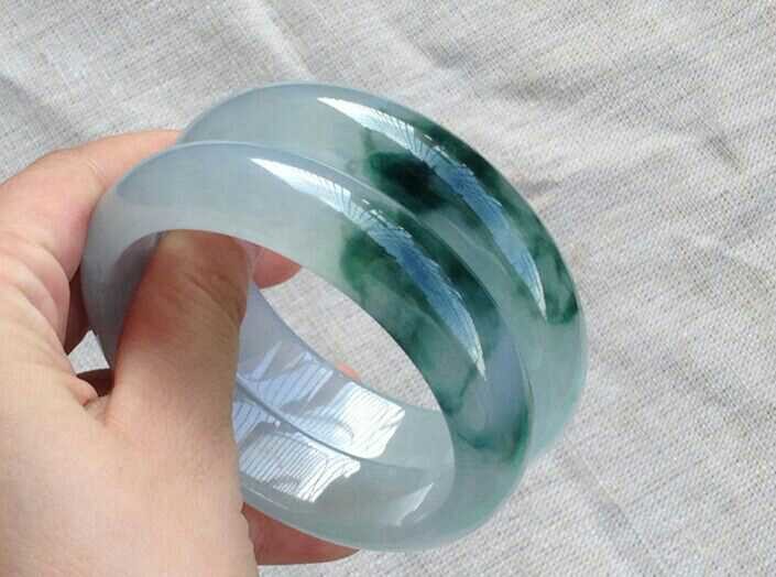 高冰種飄藍花翡翠扁條手鐲玉鐲子一對走，高貨良好收藏品木女A貨