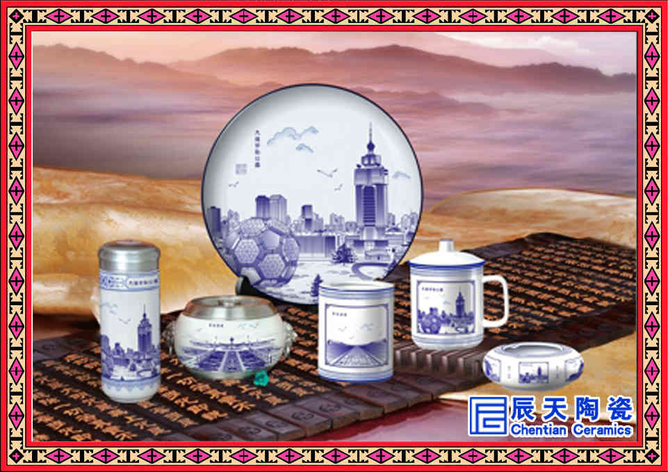 景德鎮青花茶具骨瓷茶杯 筆筒陶瓷辦公文具書房三件套件