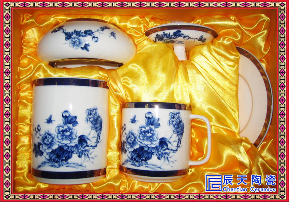 中式陶瓷煙灰缸茶杯筆筒辦公室三件套創意擺件擺設禮品