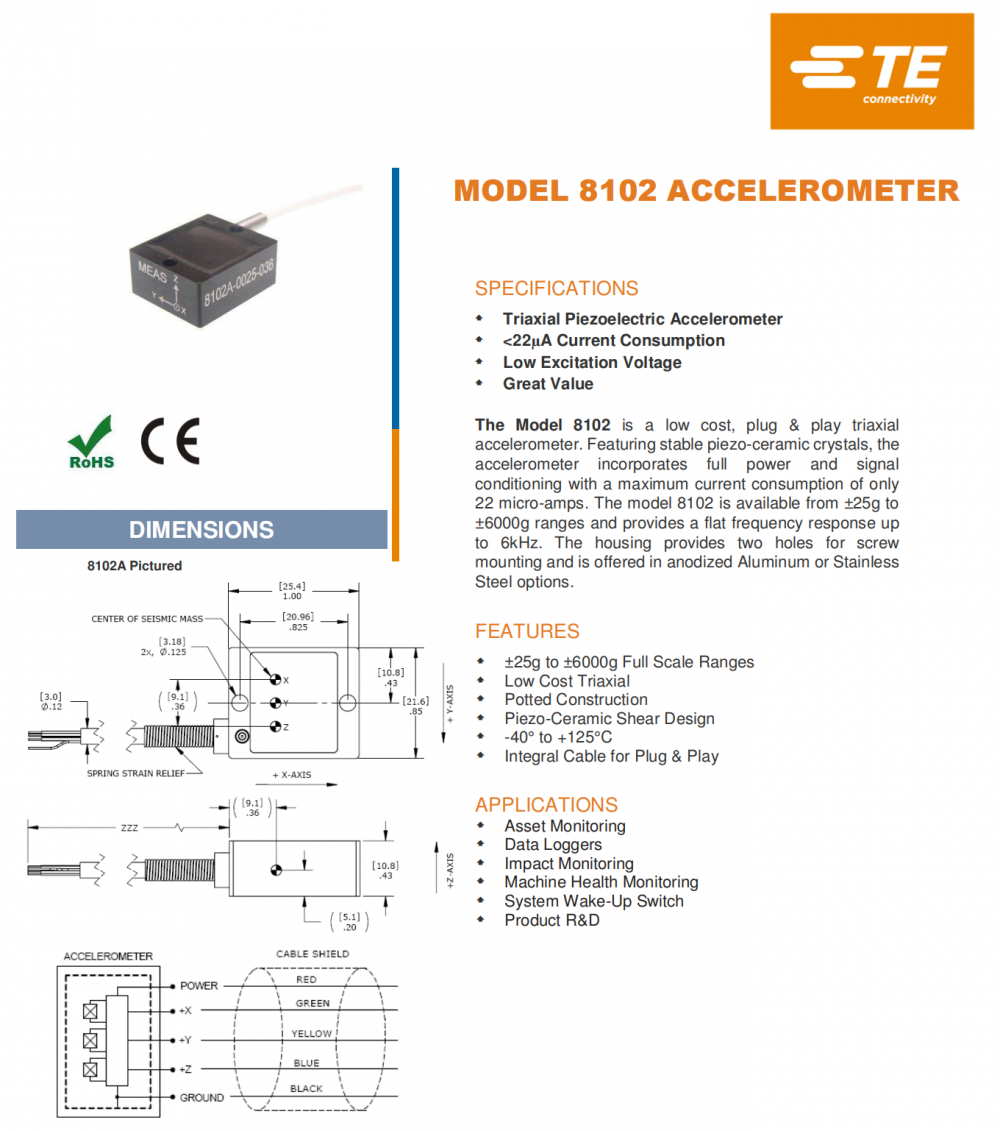 供应美国MEAS8102A 高性价比即插即用三轴加速度传感器