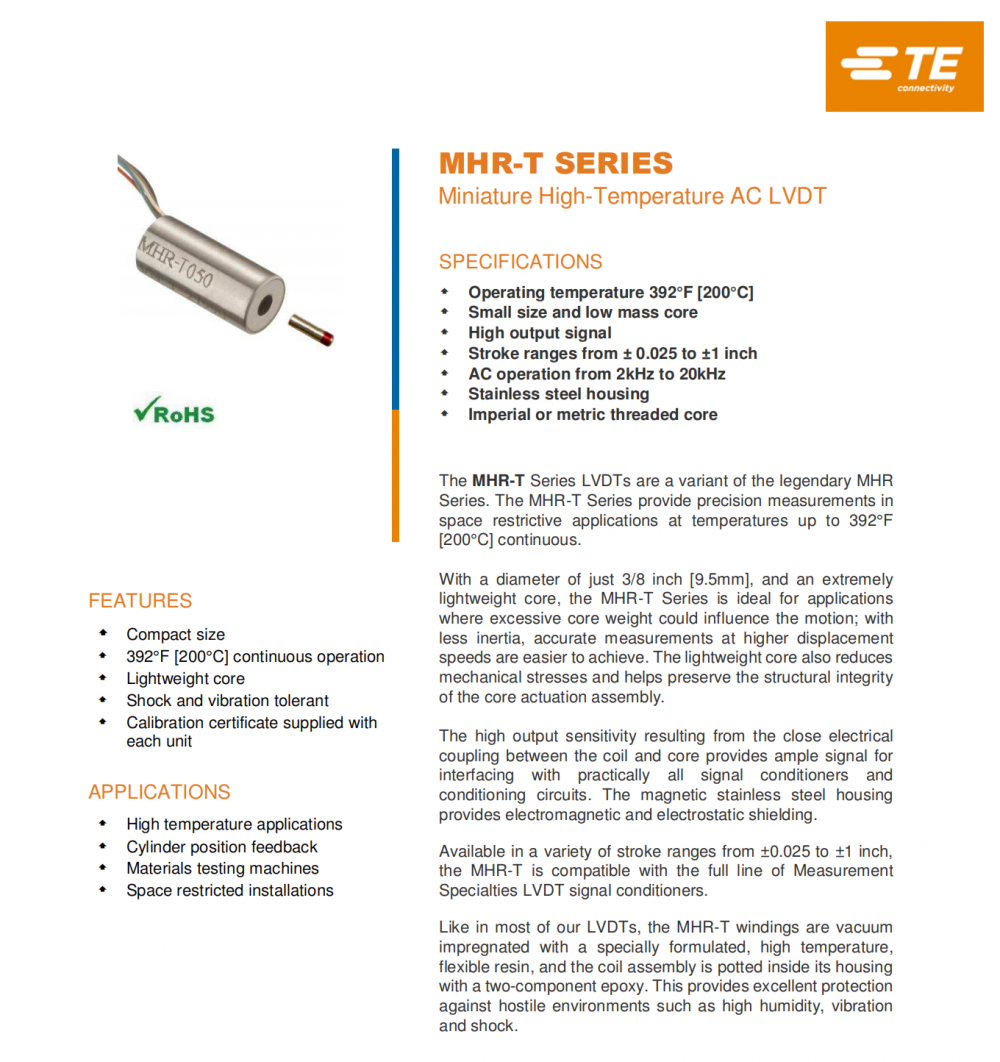 供应美国MEAS MHR-T小型耐高温200℃交流供电LVDT直线位移传感器