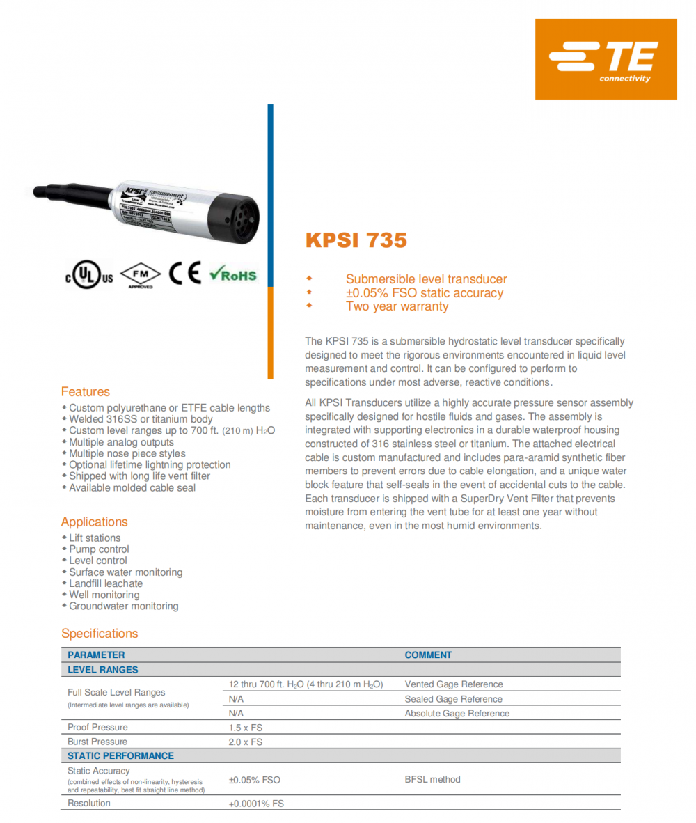 供应美国MEAS KPSI 735 投入式静水液位变送器-4-20mA输出和温度测量