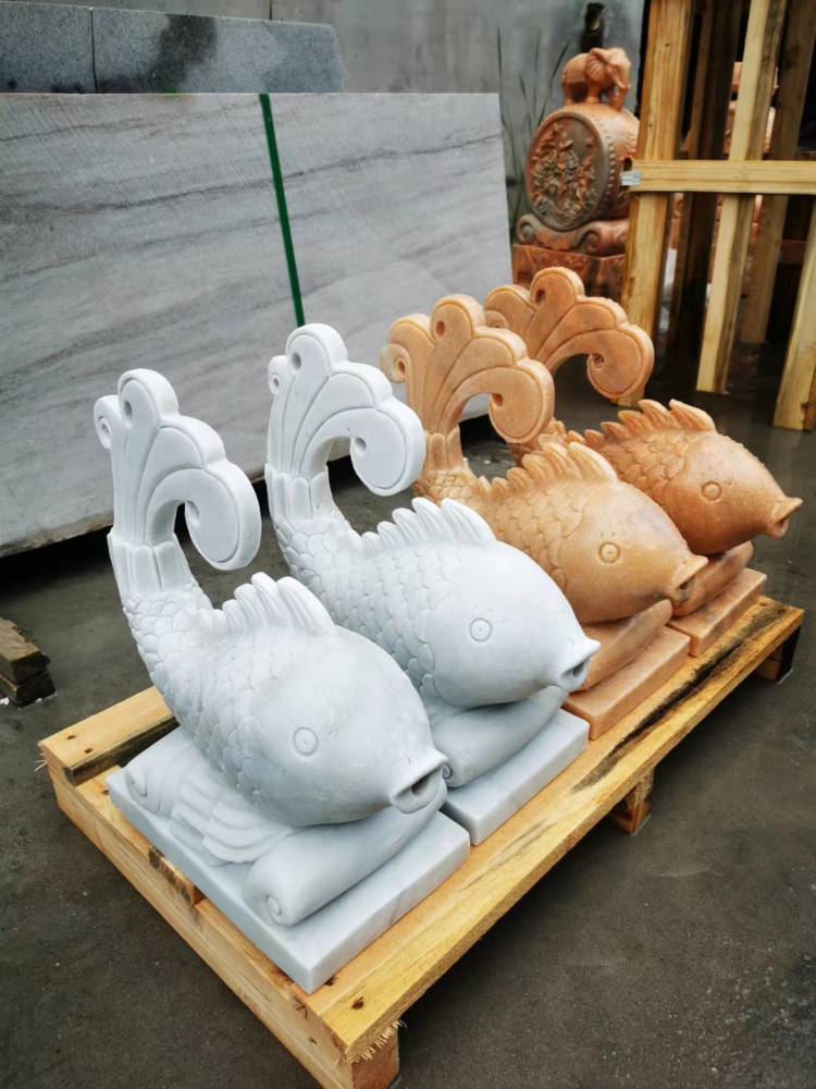 石雕噴水魚庭院漢白玉吐水魚晚霞紅噴水魚流水