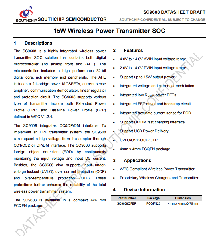 南芯15W无线充单芯片SOC SC9608QFER