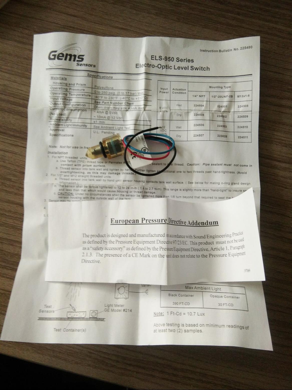 GEMS捷邁ELS-950光電液位傳感器ELS-950常用型號