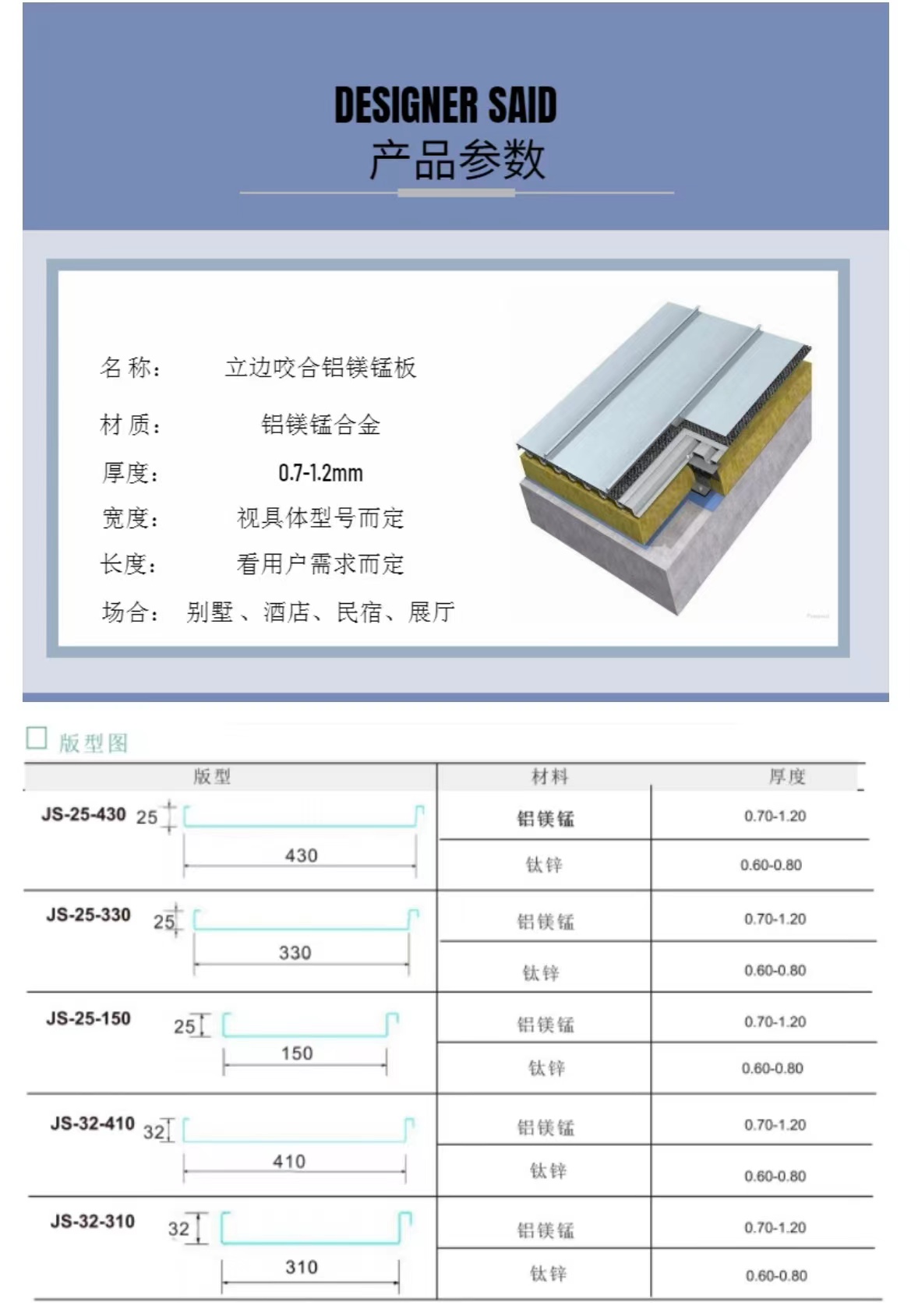 别墅屋面 25-330铝合金幕墙系统 铝镁锰矮立双锁边幕墙