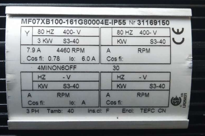 科尼电机MF06MA100-130G80009-IP55功率：0.45KW